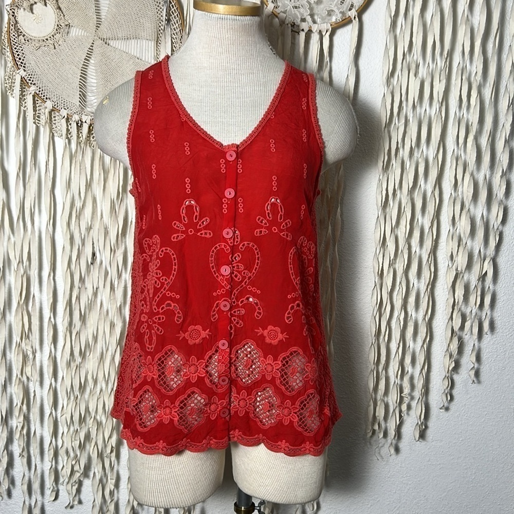 Johnny Was Red Button Down Sleeveless Vest/Blouse Size Small
